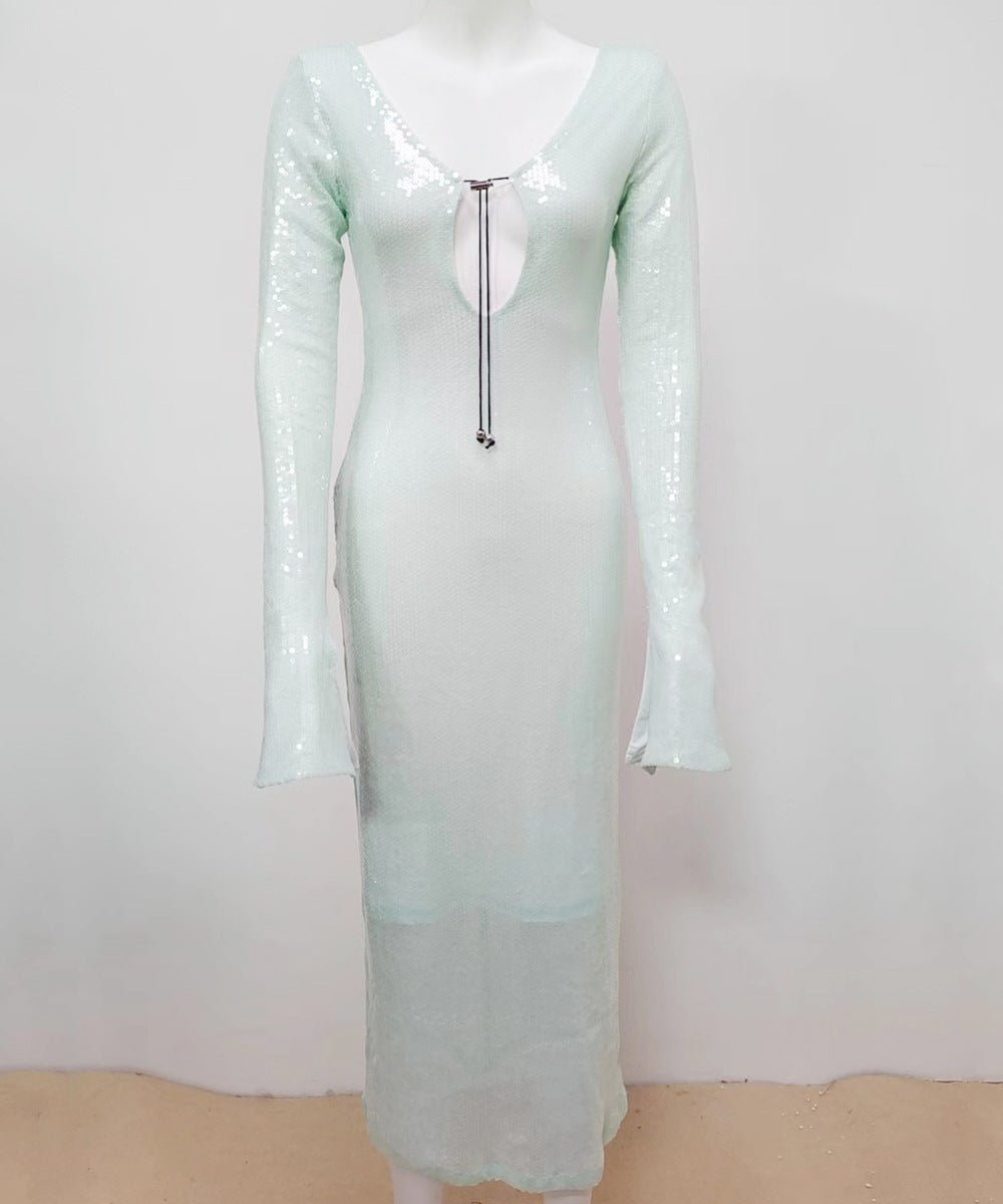 Lola Liquid Sequin Midi Dress with Tie Cutout Back - Ever Chic Fashions