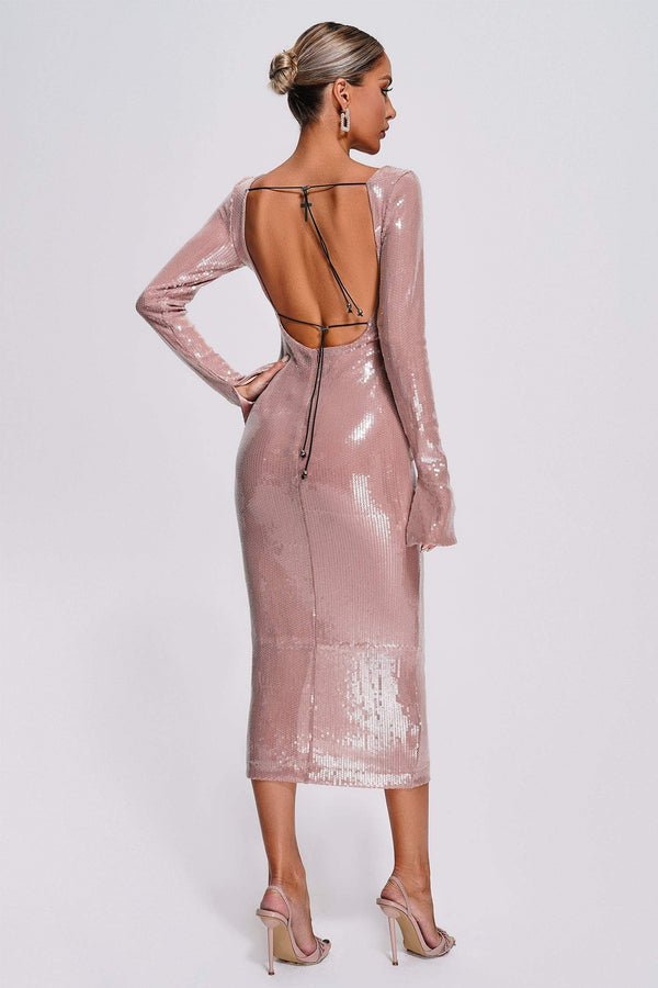 Lola Liquid Sequin Midi Dress with Tie Cutout Back - Ever Chic Fashions