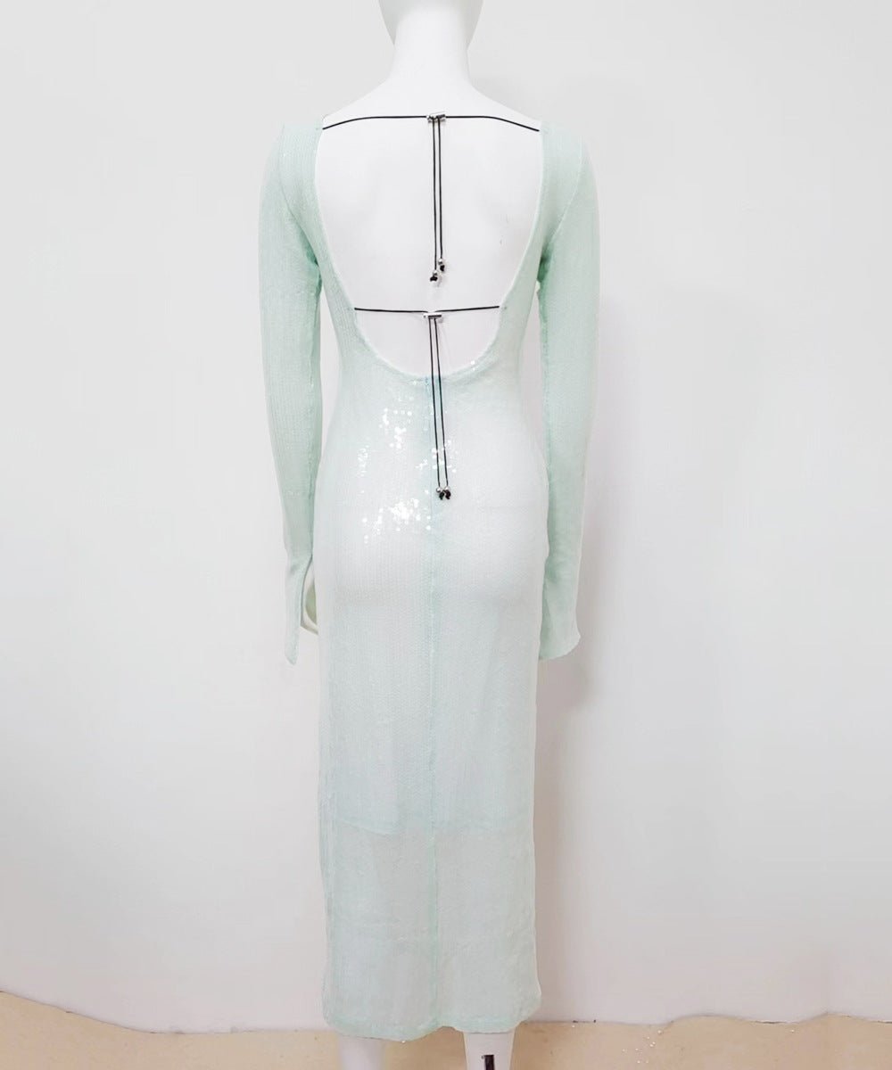 Lola Liquid Sequin Midi Dress with Tie Cutout Back - Ever Chic Fashions