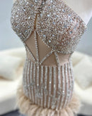 Mikaleen Crystal Rhinestone Criss Cross Halter Feather Trim Mini Dress - Ever Chic Fashions