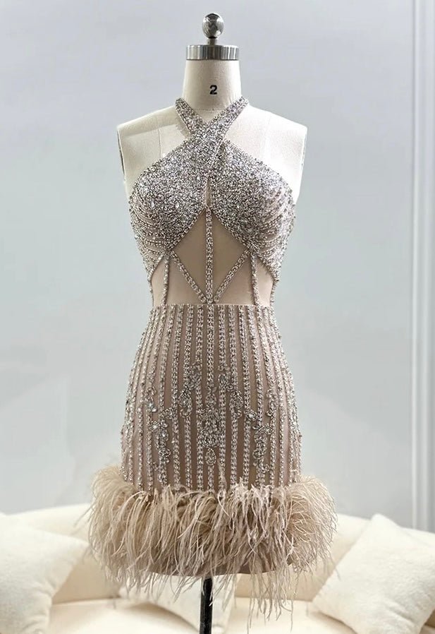 Mikaleen Crystal Rhinestone Criss Cross Halter Feather Trim Mini Dress