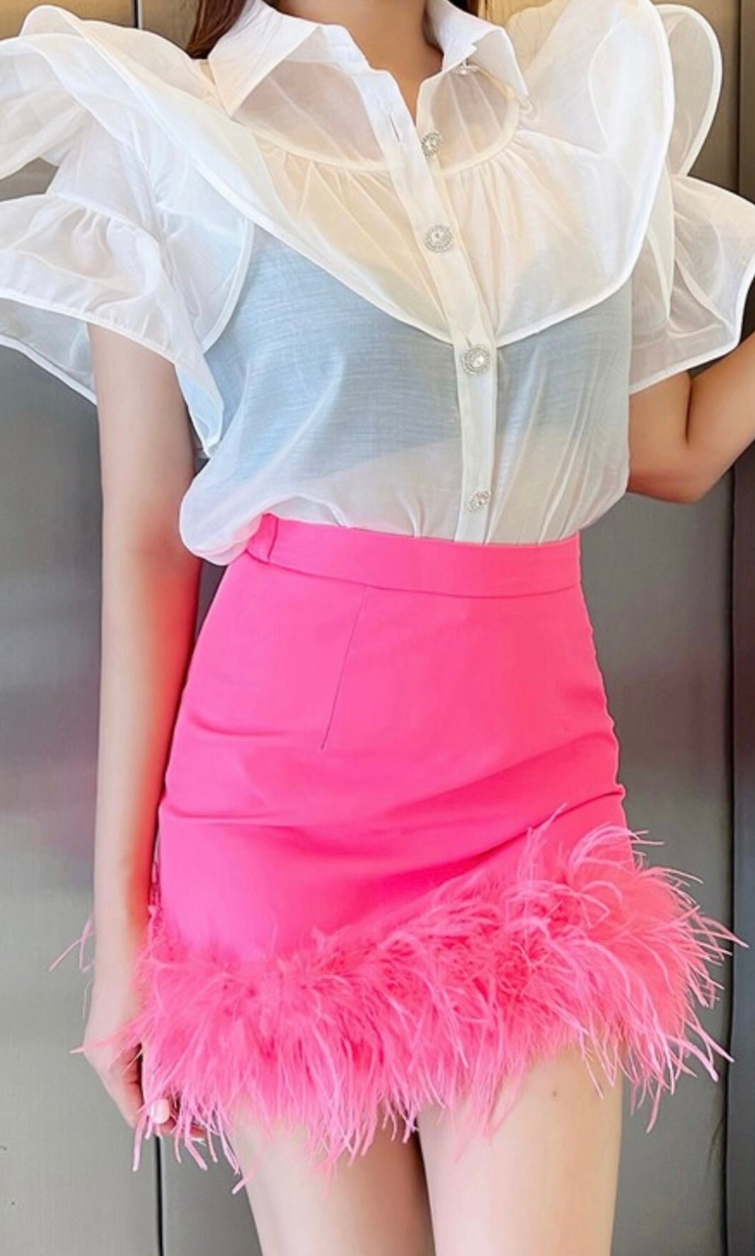 Mimi Pink Mini Skirt with Feather Trim