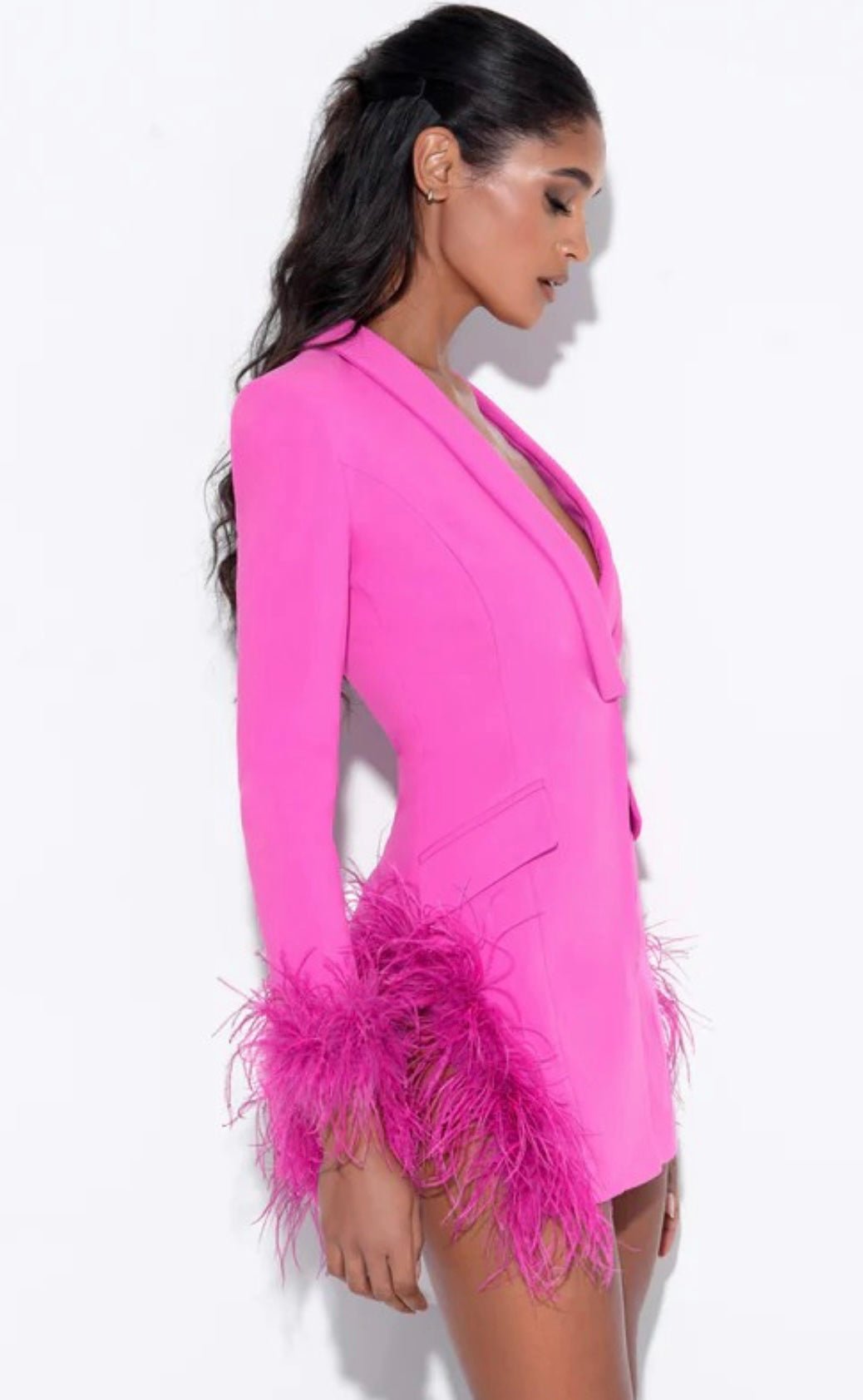 Misty Fuchsia Blazer Dress with Feather Trim - Ever Chic Fashions