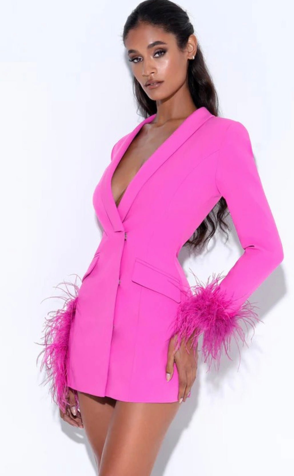 Misty Fuchsia Blazer Dress with Feather Trim - Ever Chic Fashions