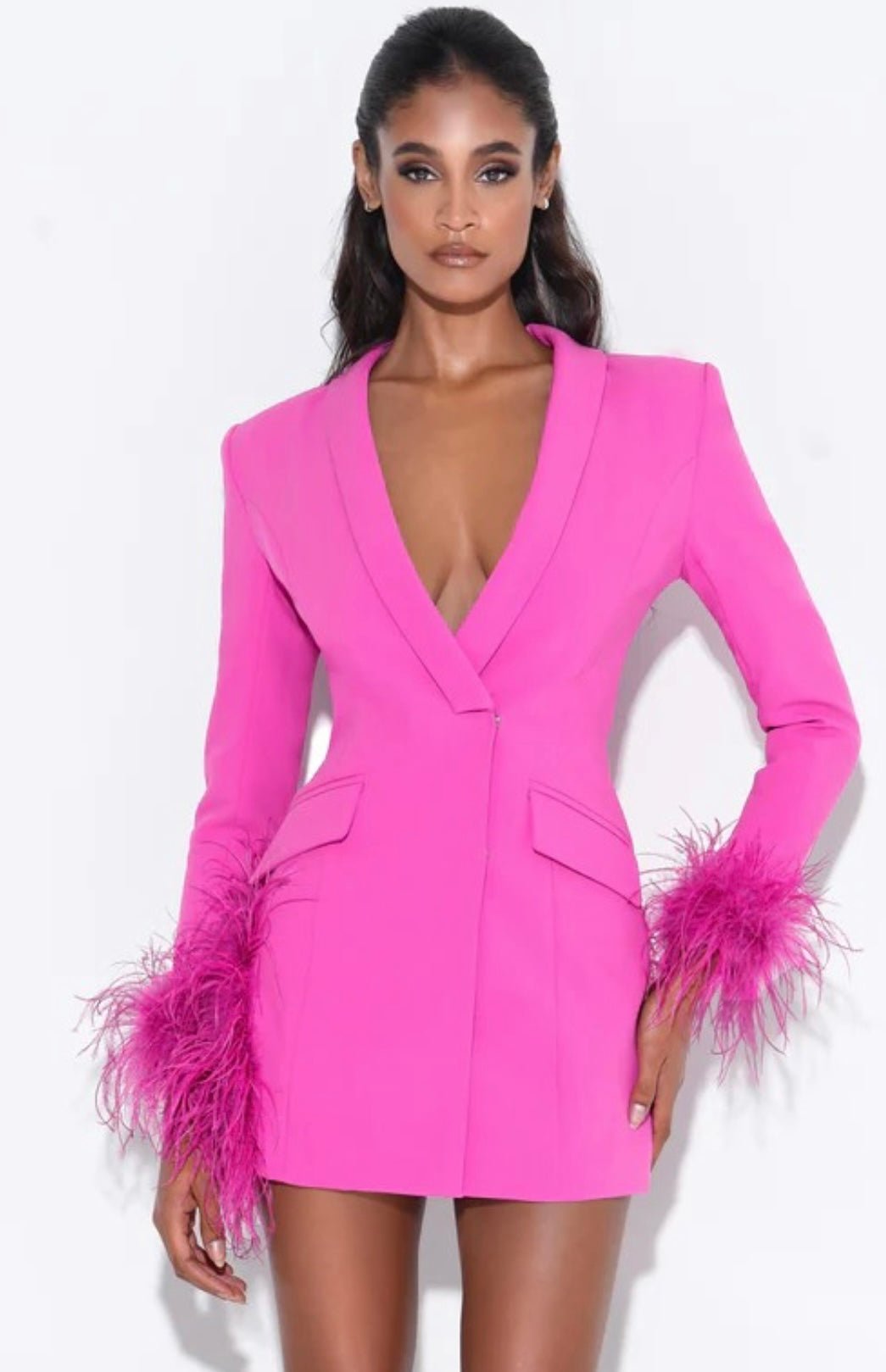 Misty Fuchsia Blazer Dress with Feather Trim - Ever Chic Fashions