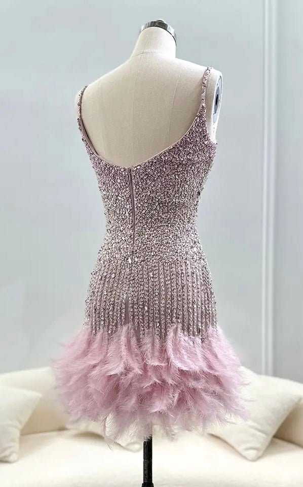 Paige Rhinestone Embellished Feather Trim Mini Dress - Ever Chic Fashions