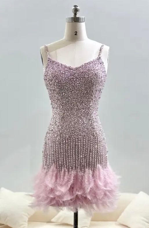 Paige Rhinestone Embellished Feather Trim Mini Dress - Ever Chic Fashions