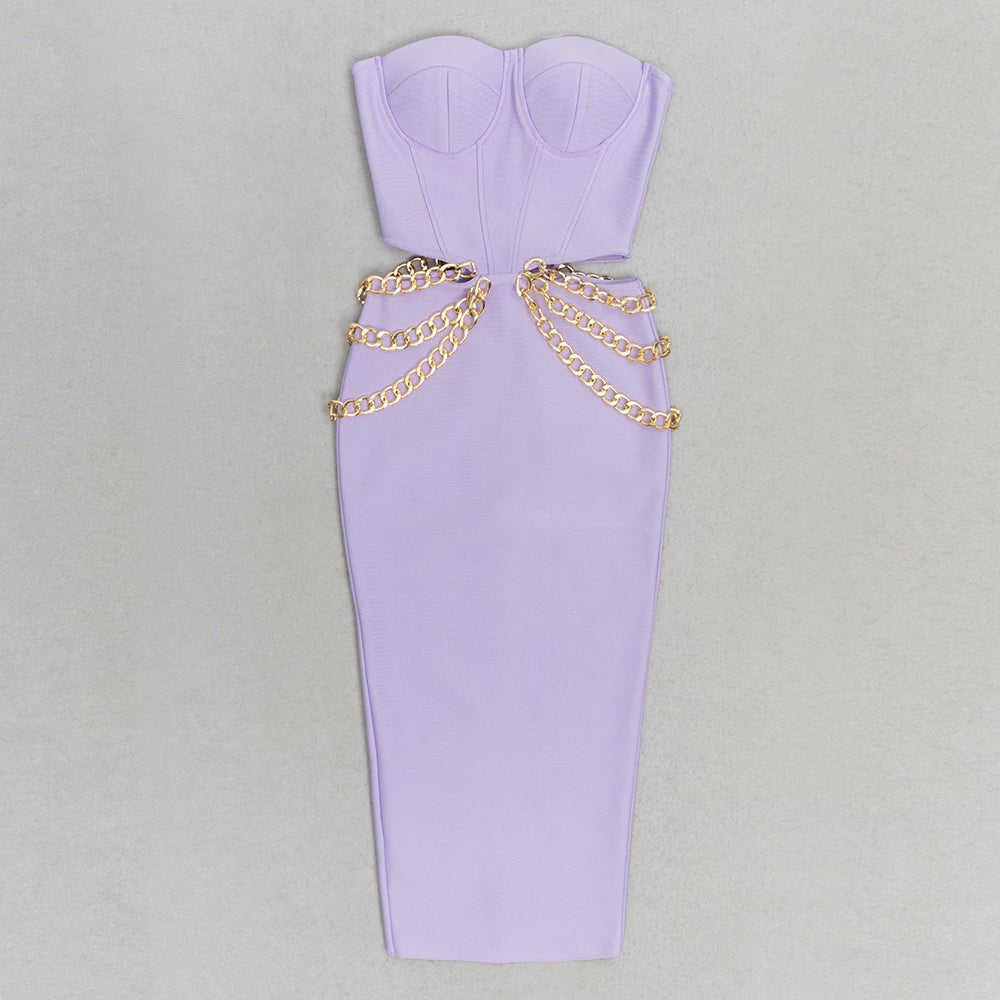 Paloma Lavender Strapless Cutout Midi Bandage Dress with Chain Detail - Ever Chic Fashions