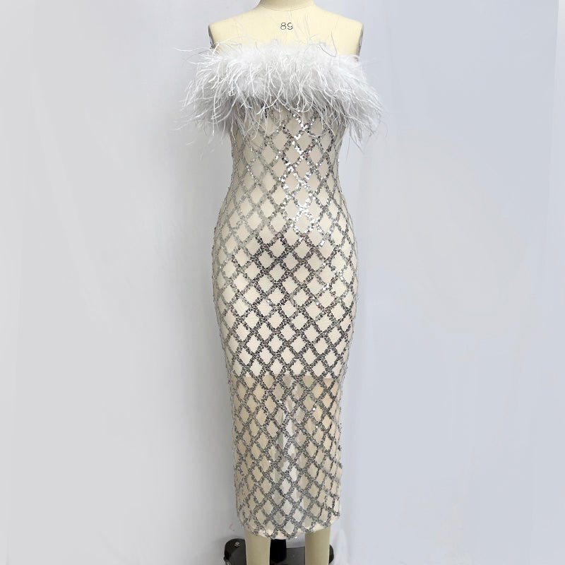 Raisa White Feather Trim Strapless Sequin Midi Dress - Ever Chic Fashions