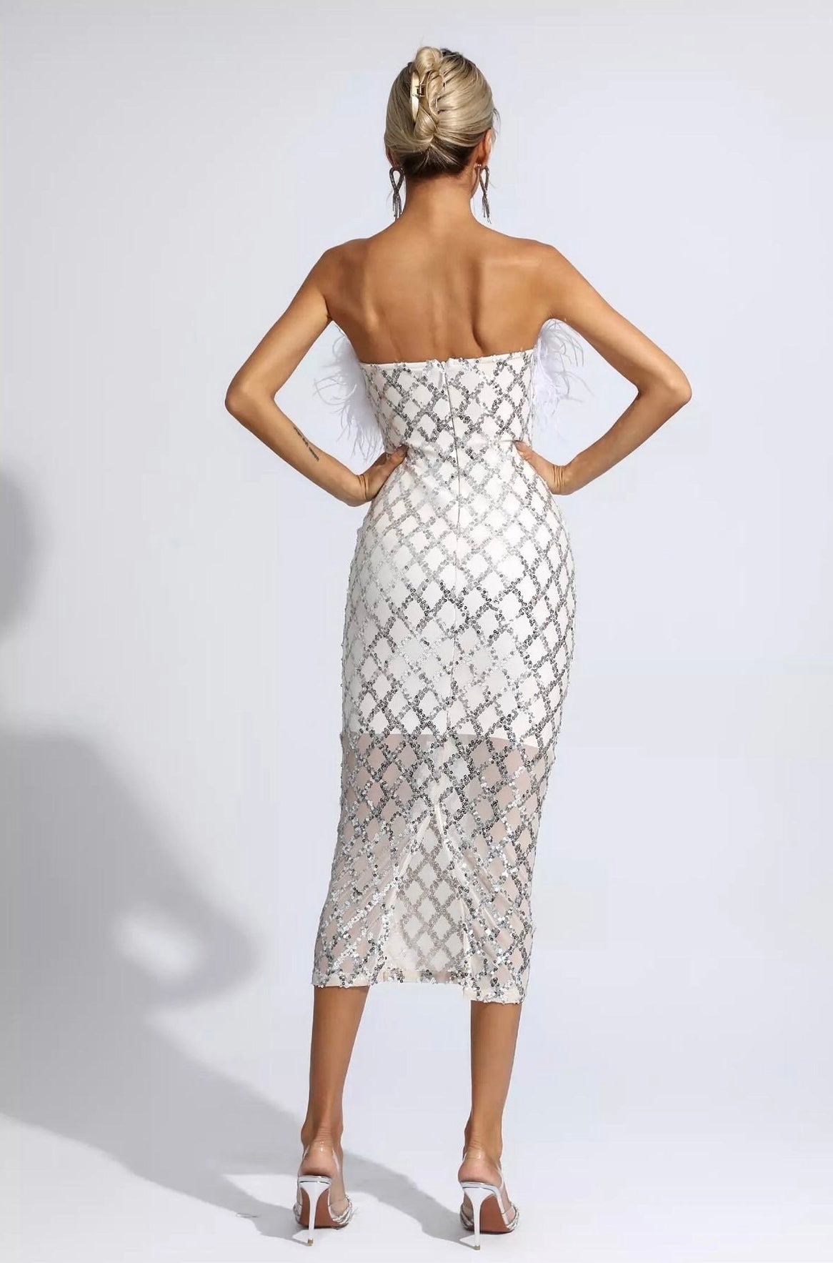 Raisa White Feather Trim Strapless Sequin Midi Dress - Ever Chic Fashions
