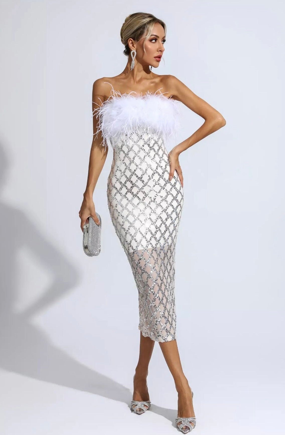 Raisa White Feather Trim Strapless Sequin Midi Dress - Ever Chic Fashions
