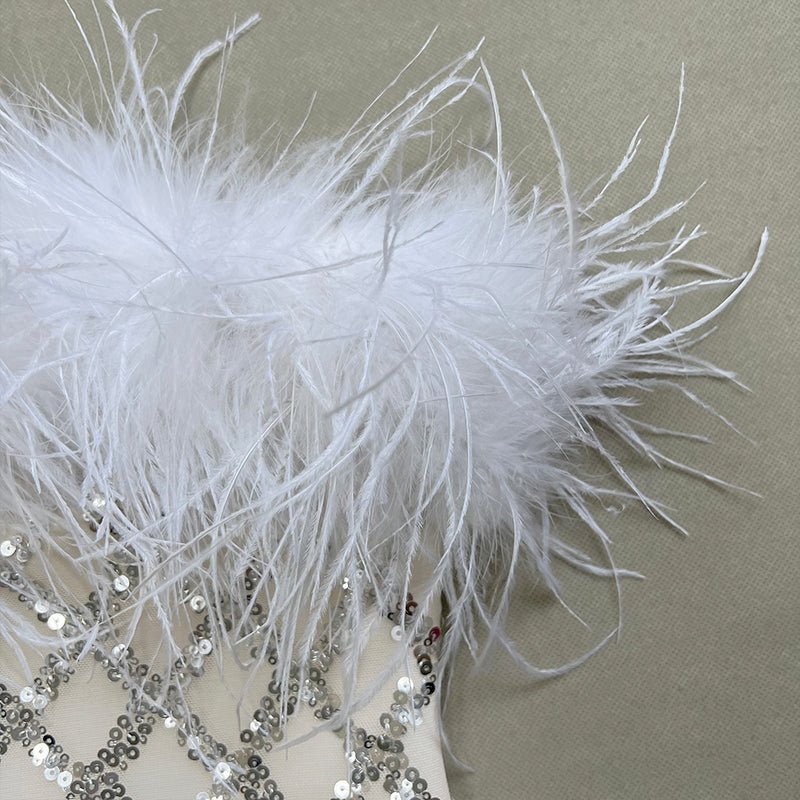 Raisa White Feather Trim Strapless Sequin Midi Dress - Ever Chic Fashions