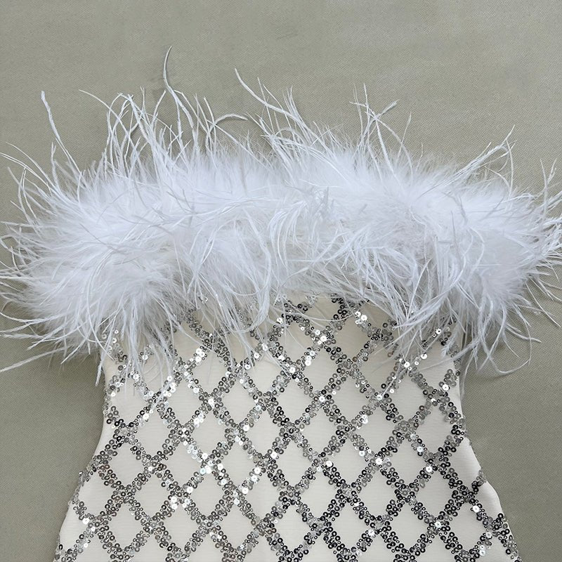 Raisa White Feather Trim Strapless Sequin Midi Dress - Ever Chic Fashions