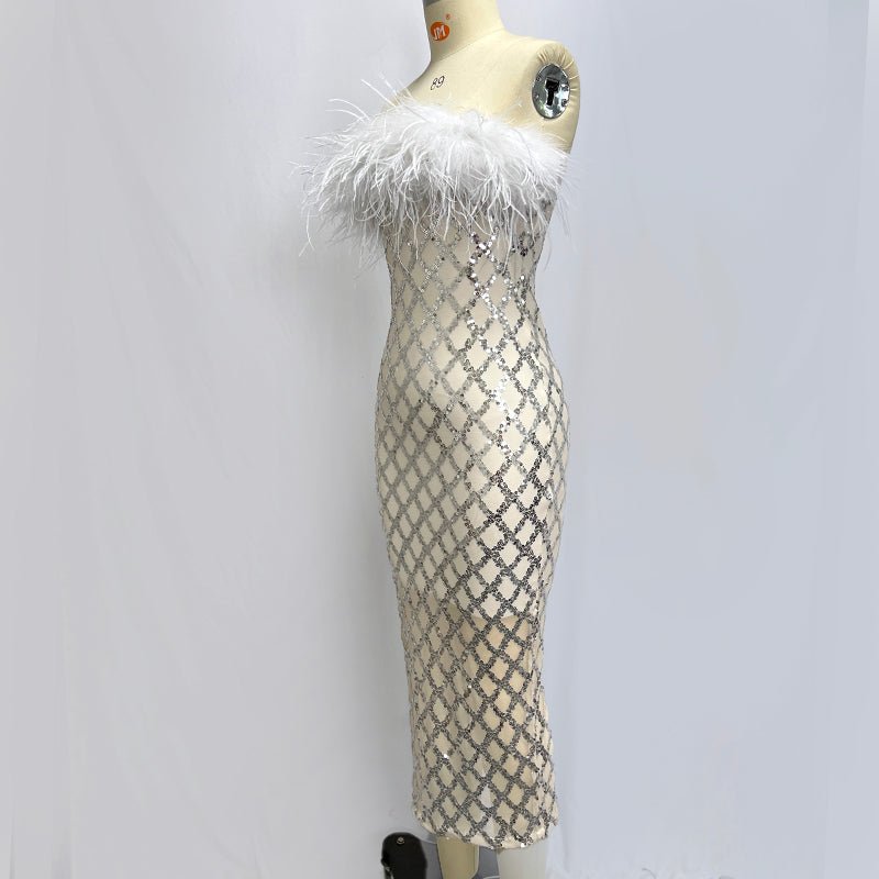 Raisa White Feather Trim Strapless Sequin Midi Dress - Ever Chic Fashions