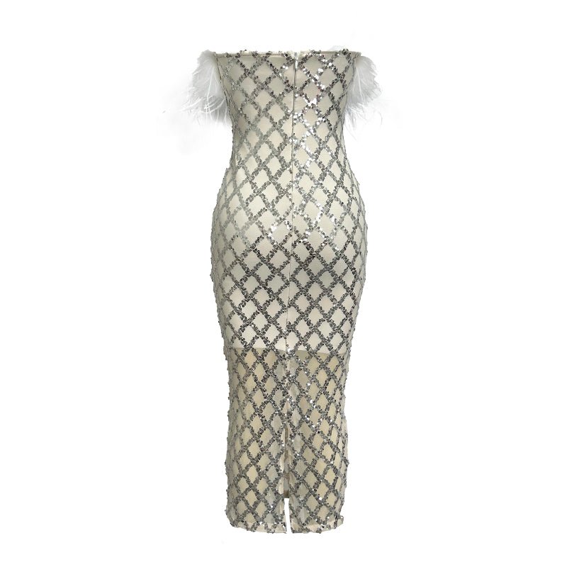 Raisa White Feather Trim Strapless Sequin Midi Dress - Ever Chic Fashions