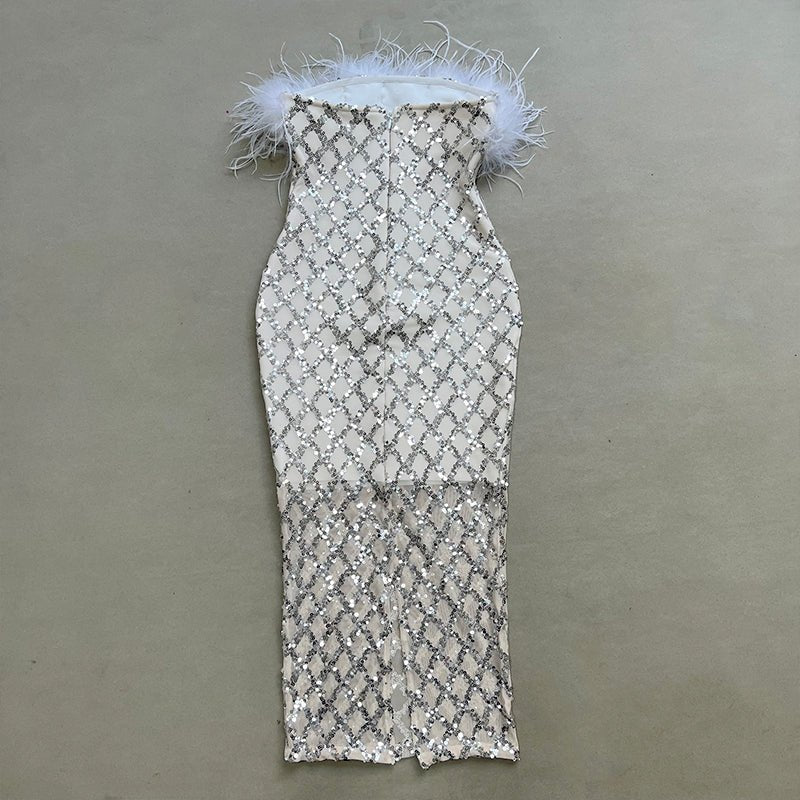 Raisa White Feather Trim Strapless Sequin Midi Dress - Ever Chic Fashions