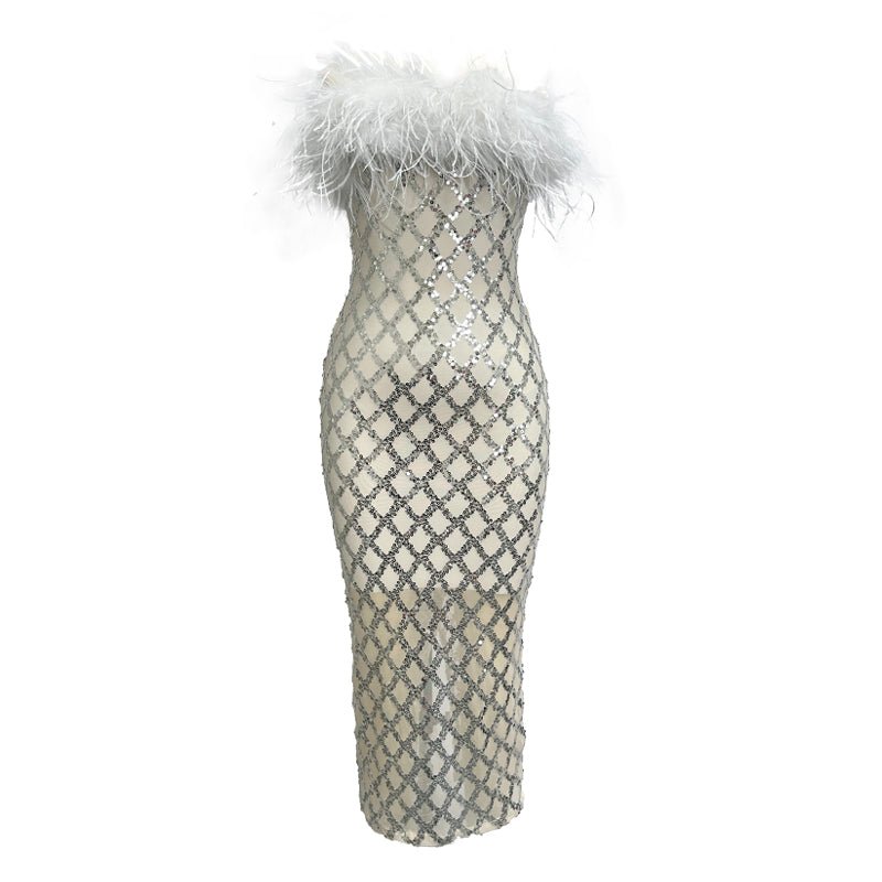 Raisa White Feather Trim Strapless Sequin Midi Dress - Ever Chic Fashions