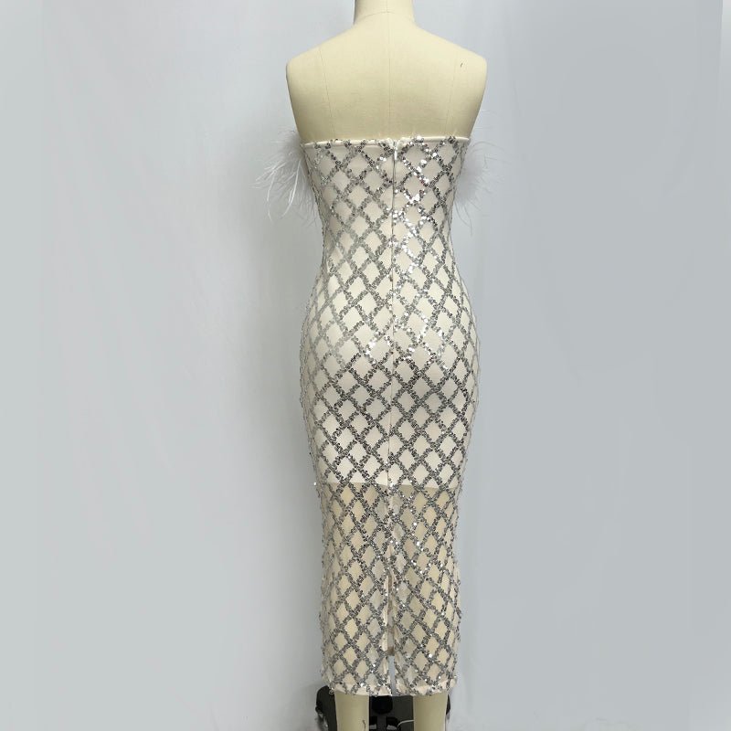 Raisa White Feather Trim Strapless Sequin Midi Dress - Ever Chic Fashions