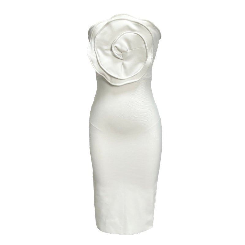 Renata 3D Flower White Strapless Midi Bandage Dress - Ever Chic Fashions