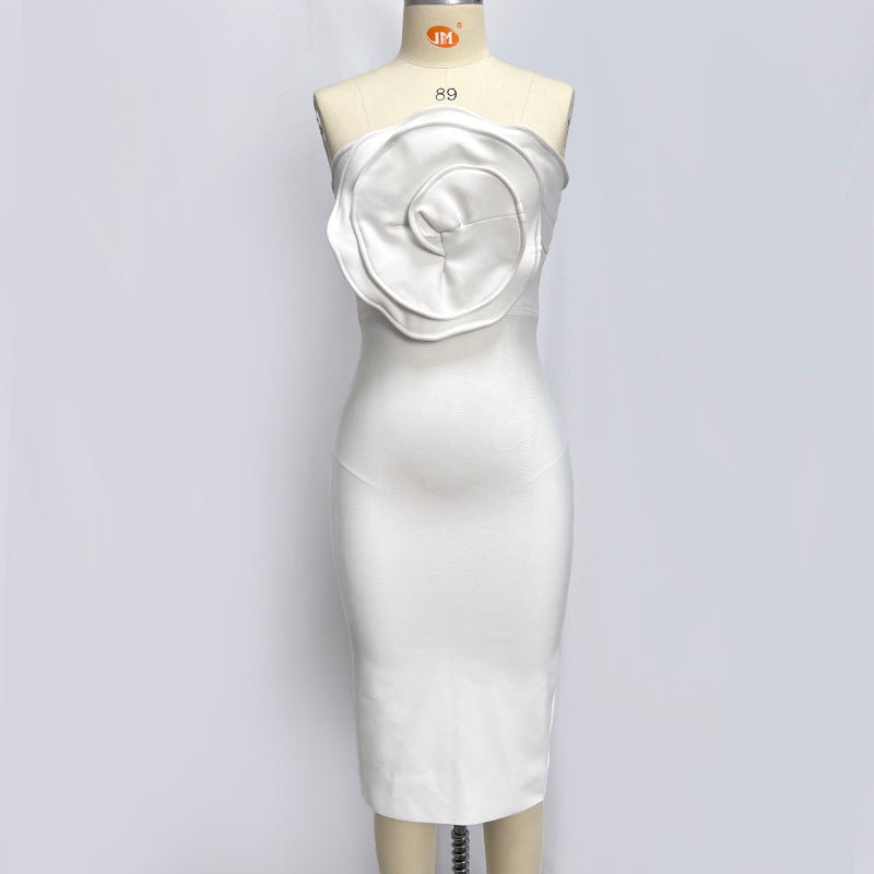 Renata 3D Flower White Strapless Midi Bandage Dress - Ever Chic Fashions