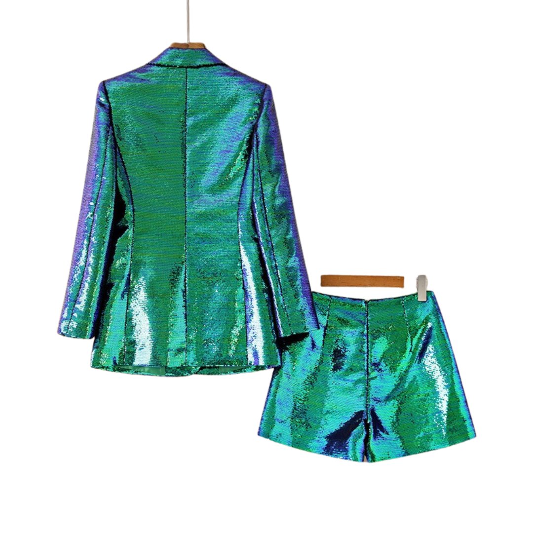 Sage Teal Sequin Blazer and Short Set