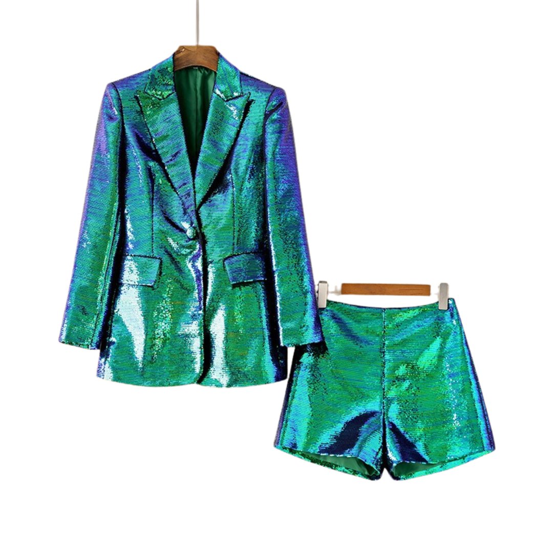 Sage Teal Sequin Blazer and Short Set