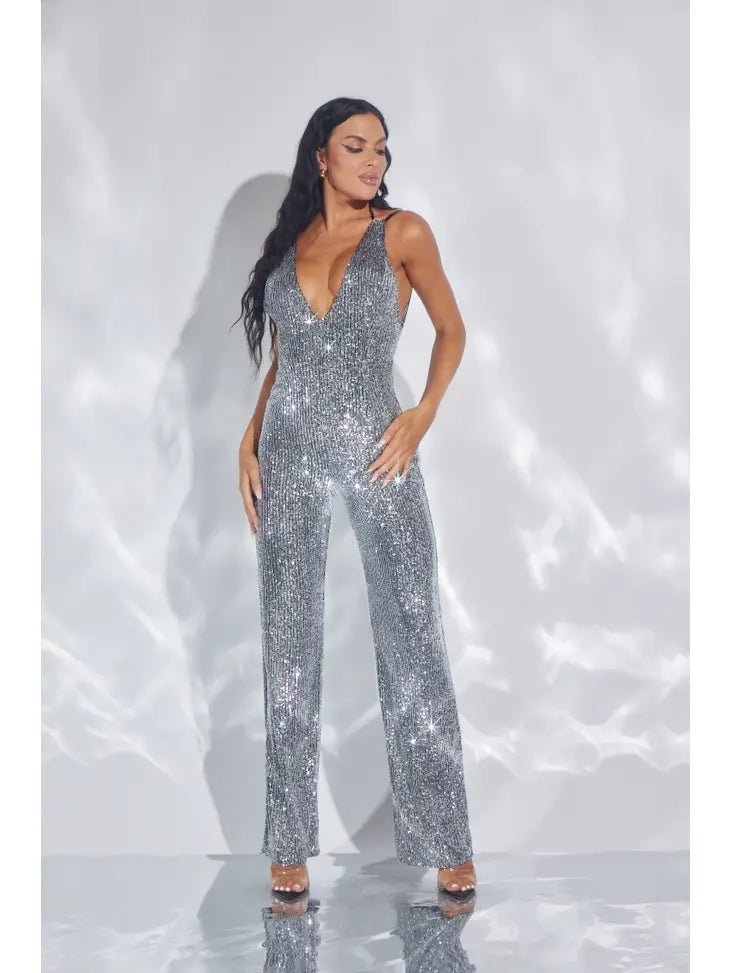 Skya Silver Sequin Deep V Halter Backless Jumpsuit
