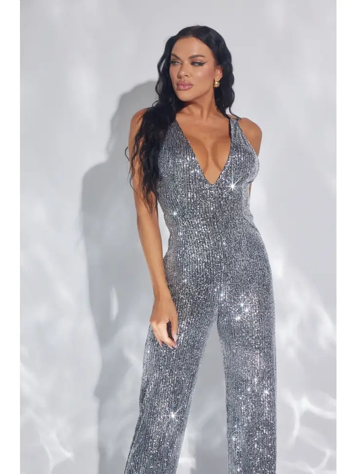 Skya Silver Sequin Deep V Halter Backless Jumpsuit