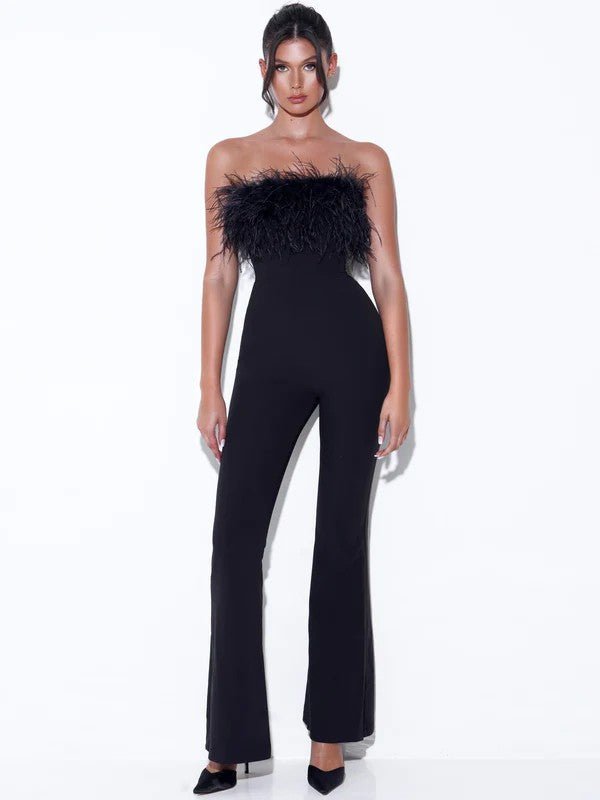 Tash Strapless Feather Trim Bodycon Jumpsuit