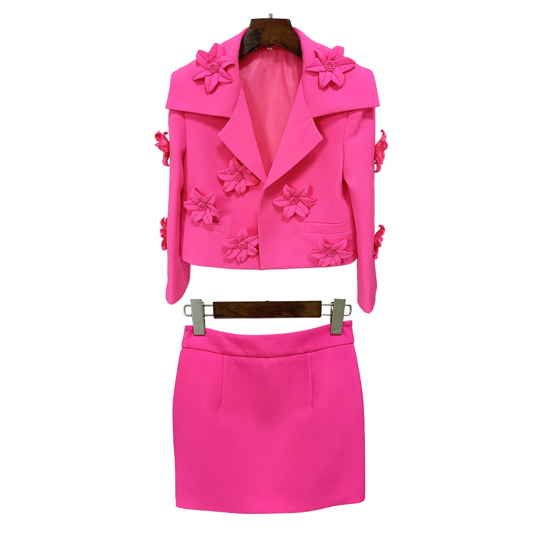 Tavia 3D Floral Applique Blazer and Skirt Set