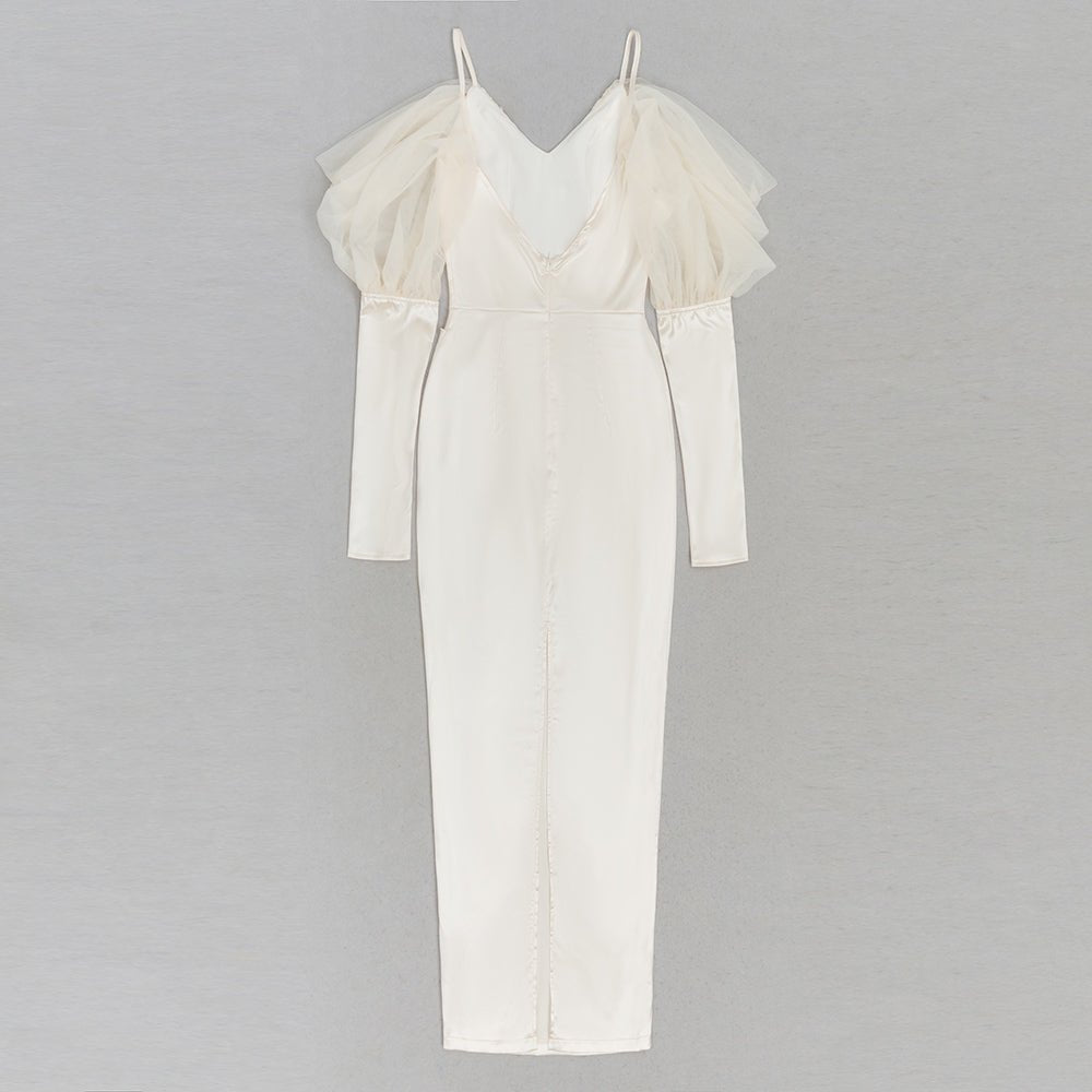 Thora Off Shoulder Ivory Satin Long Sleeve Maxi Dress - Ever Chic Fashions