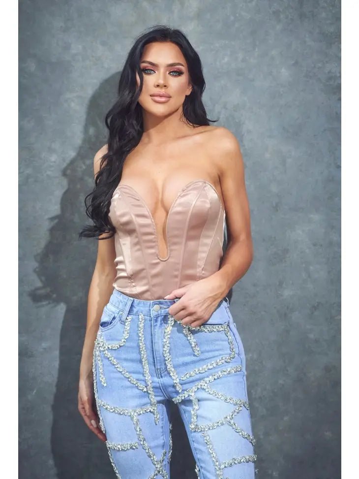 Yasmine Satin Corset Deep V Bodysuit