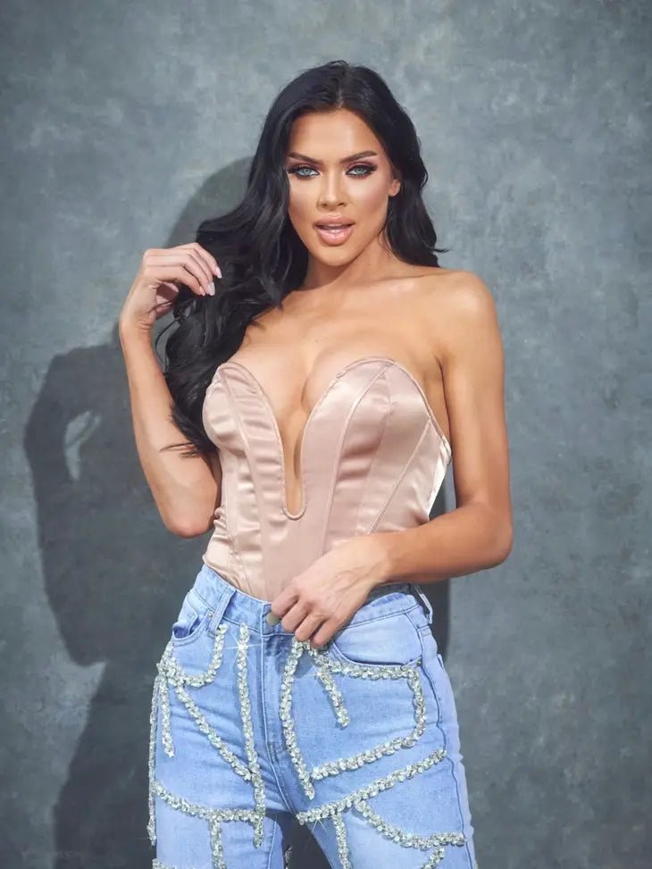 Yasmine Satin Corset Deep V Bodysuit - Ever Chic Fashions