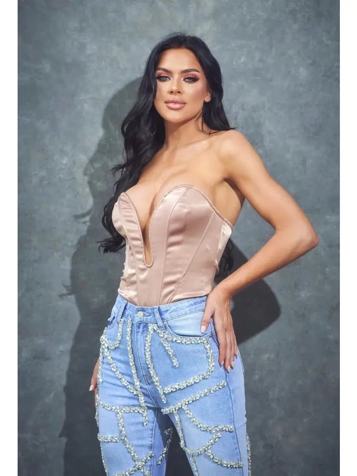 Yasmine Satin Corset Deep V Bodysuit
