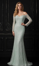 Erina Long Sleeve Off Shoulder Pearl and Bead Embellished Gown