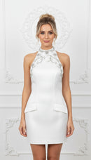 Nessa White Halter Rhinestone Pearl Embellished Open Back Mock Pockets Mini Dress