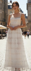 Irina White Hollow Organza Design Rhinestone Embellished Maxi Dress