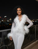 Nora White Mesh Feather Bolero Cardigan and Mesh Pants Set