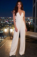 Jordana White Strapless VNeck Jumpsuit with Sheer Pearl Embellished Bodysuit