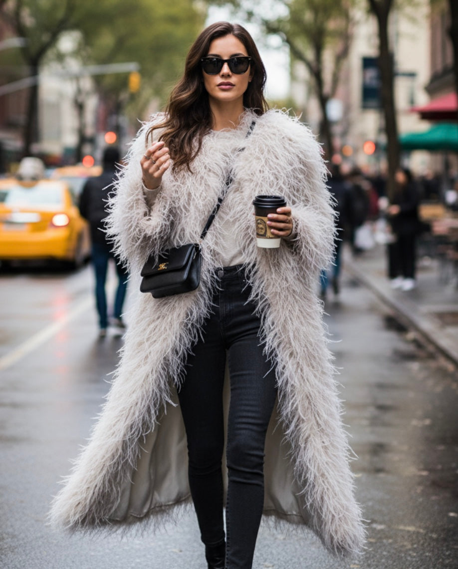 Dira Long Fluffy Feather Coat