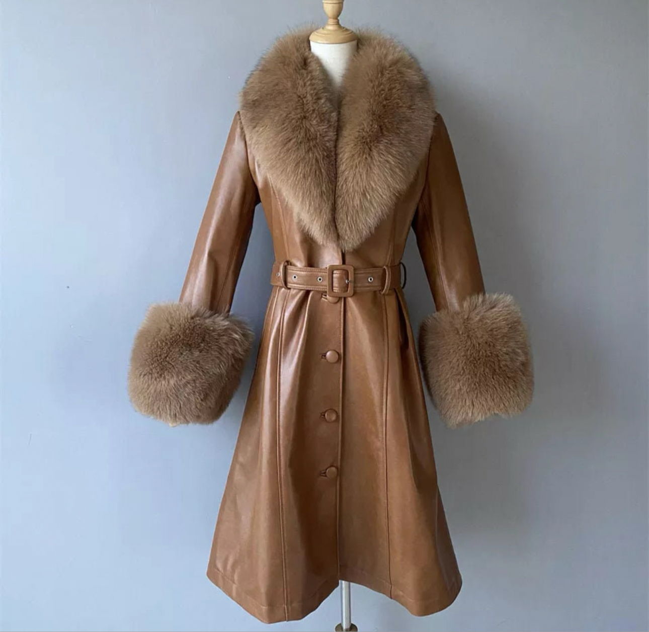 Marise Leather Midi Trench with Fox Fur Collar and Wrist Cuffs