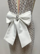 Irella Sleeveless Sequin Pattern Deep V White Bow Appliqué Maxi Dress