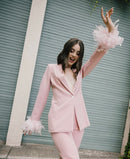 Alessia Crepe Feather Trim Blazer Pant Suit