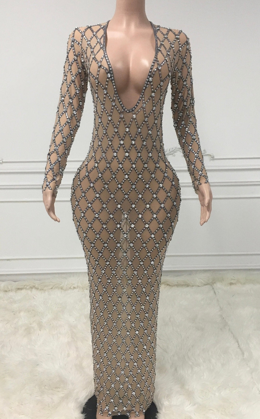 Bianca Rhinestone Embellished Deep V Maxi Gown