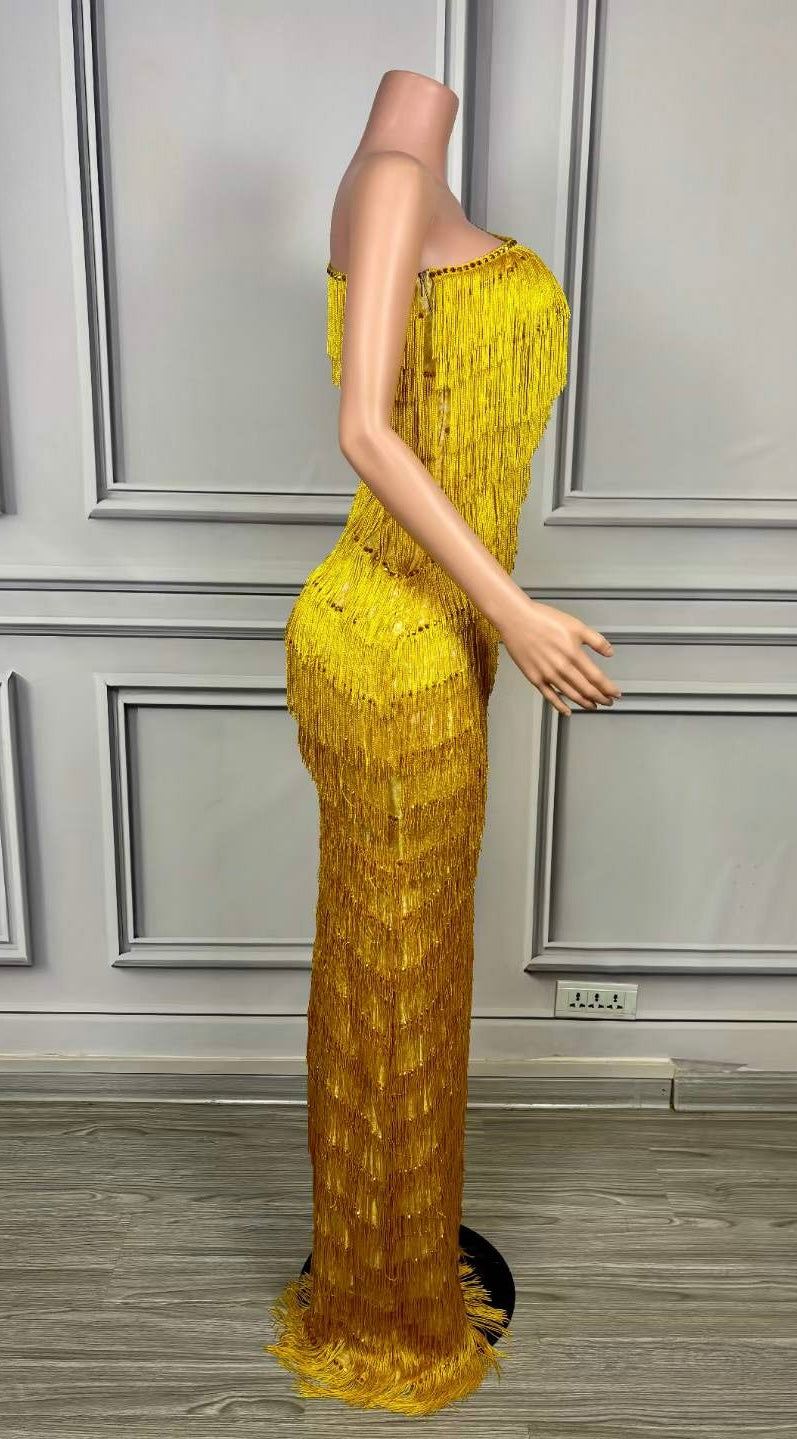 Vien One Shoulder Crystal Embellished Full Fringe Maxi Dress