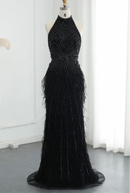 Felisa Bead and Feather Embellished Halter Gown