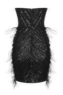 Marishka Black Strapless Sequin Bead and Feather Embellished Mini Dress