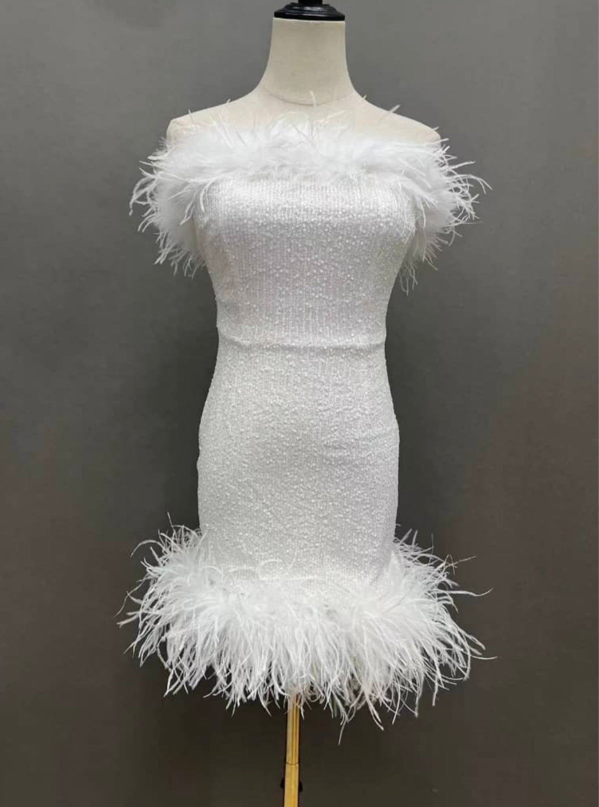 Dani White Strapless Feather Trim Sequin Mini Dress