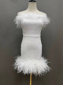 Dani White Strapless Feather Trim Sequin Mini Dress