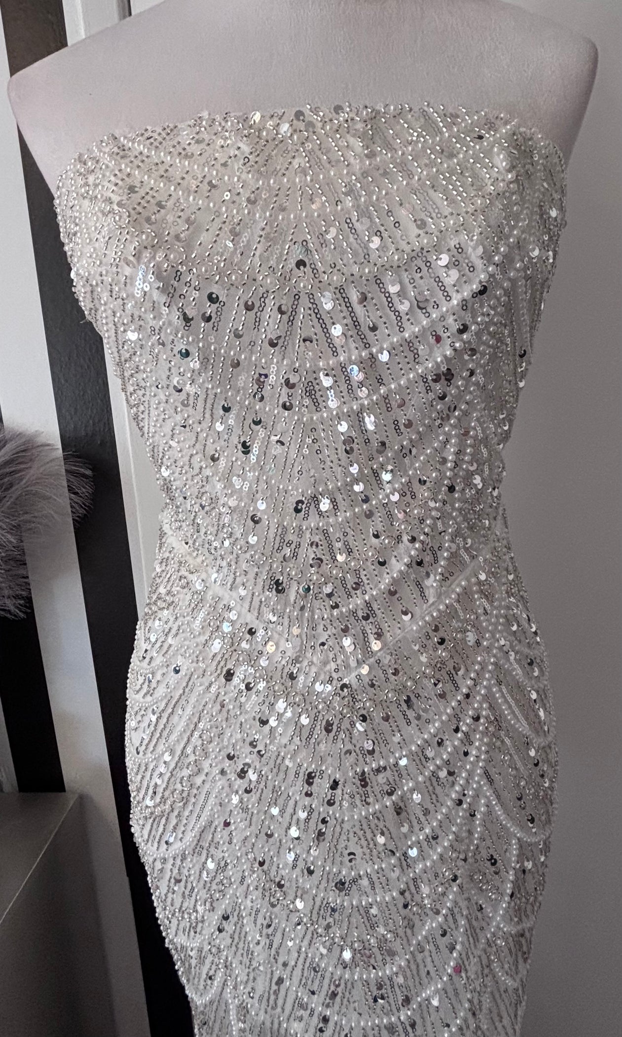 Diem White Strapless Pearl Bead Sequin Embellished Mini with Sheer Overlay Maxi Gown